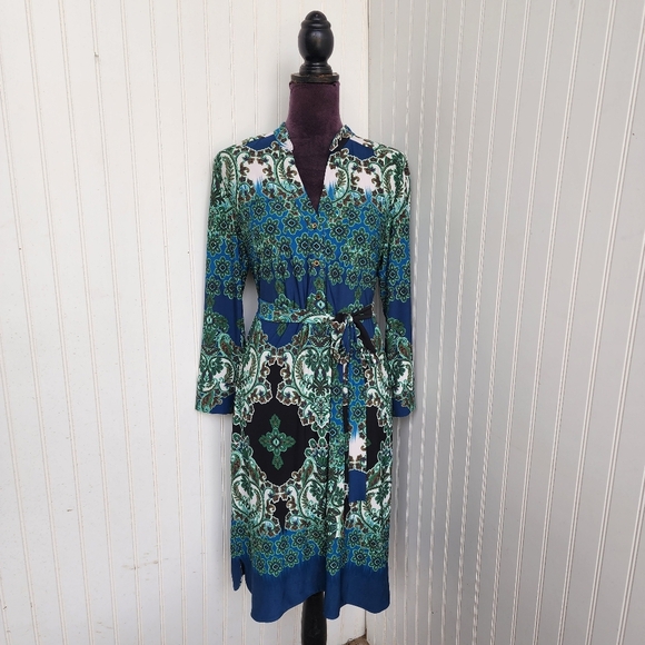 DM Collection Jamison Jersey Shirt Dress Womens 14 Floral Teal Green Career - Picture 1 of 14